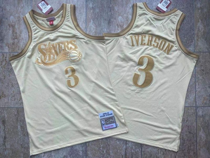 Men Philadelphia 76ers 3 Iverson White 2000-2001 all gold dense embroidery NBA Jersey
